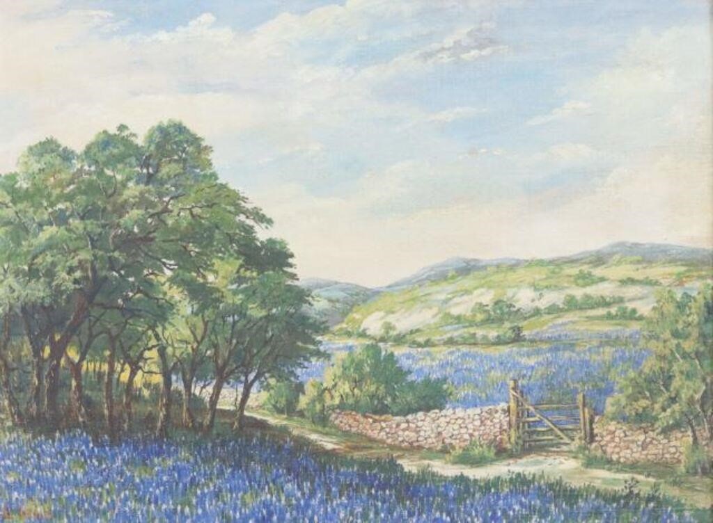 SIGNED L LONG LANDSCAPE WITH BLUEBONNETSFramed 2f753f