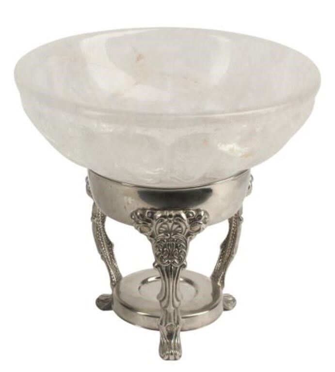 ROCK CRYSTAL BOWL ON SILVERPLATE STANDLobed