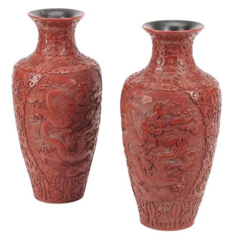 (2) LARGE CHINESE CINNABAR VASES,