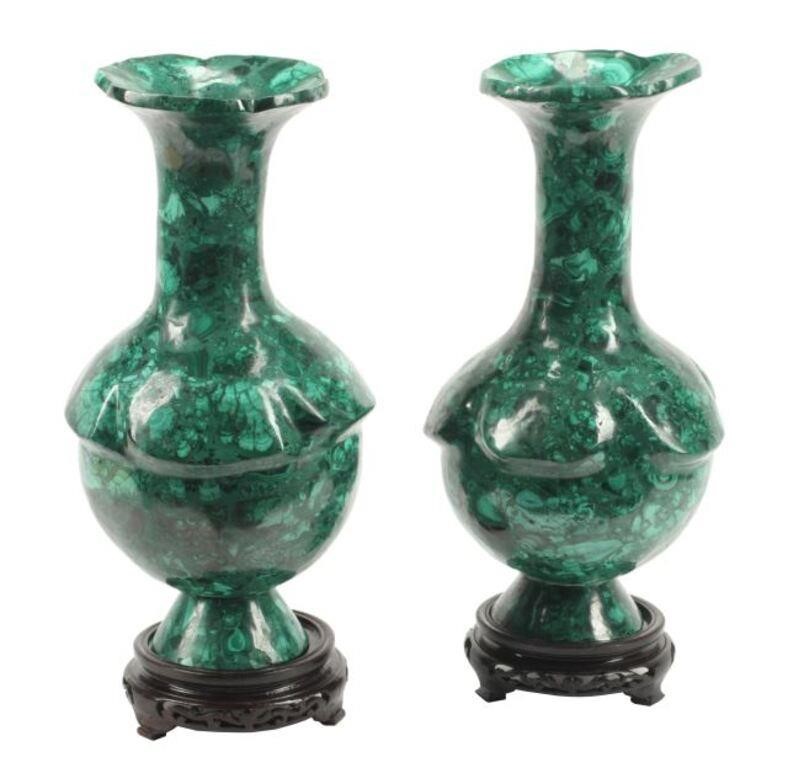  2 MALACHITE LONG NECK VASES ON 2f7c79