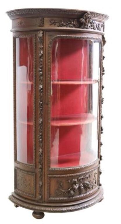 FRENCH CARVED OAK BOWFRONT VITRINE,