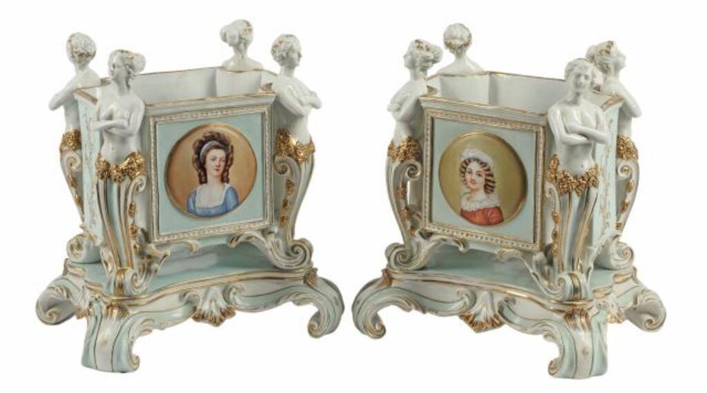  2 GERMAN PORCELAIN CARYATID CACHEPOTS pair  2f7cb1