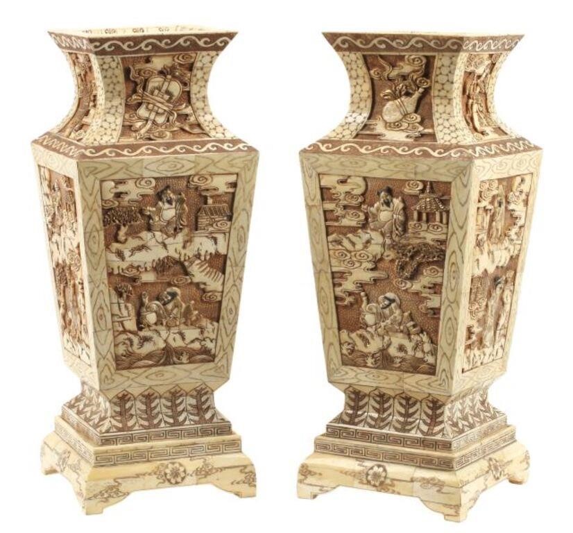 (2) CHINESE CARVED & TILED BONE
