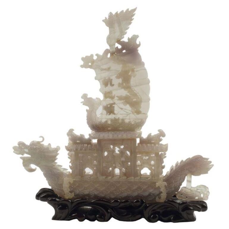 CHINESE CARVED QUARTZ DRAGON BOAT