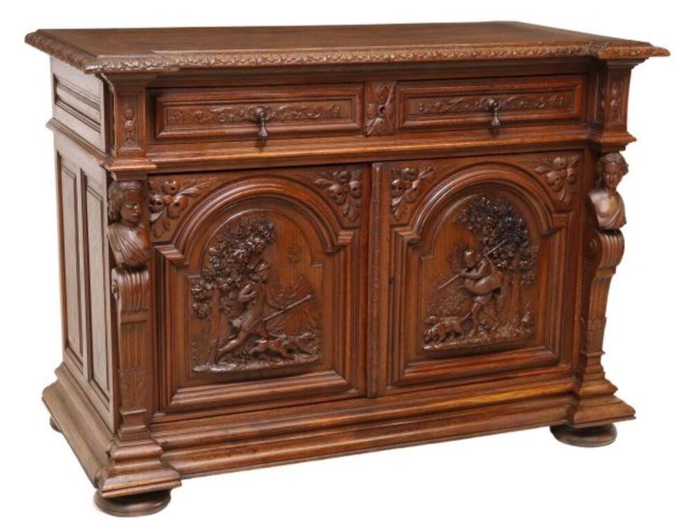 FRENCH CARVED OAK HUNT SIDEBOARD,