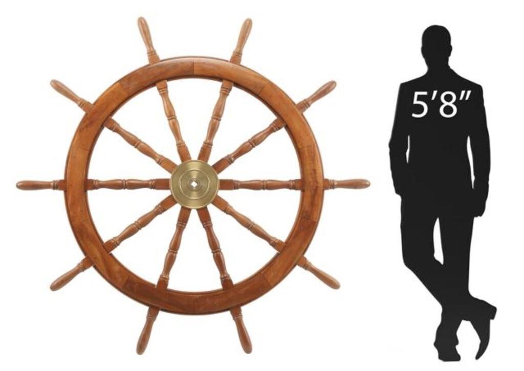 LARGE WOOD & BRASS SHIPS WHEEL,