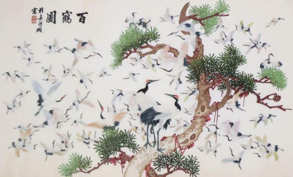 FRAMED ASIAN EMBROIDERY CRANES