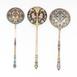 Three Russian Enameled Silver Spoons Various 2f8346