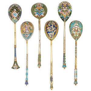 Six Russian Enameled Silver Spoons Various 2f8340