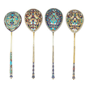Four Russian Enameled Silver Spoons Various 2f834e