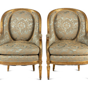 A Pair of Louis XVI Style Damask-Upholstered