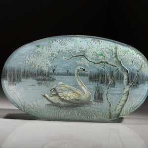 A Daum Enameled Glass Scenic Swan