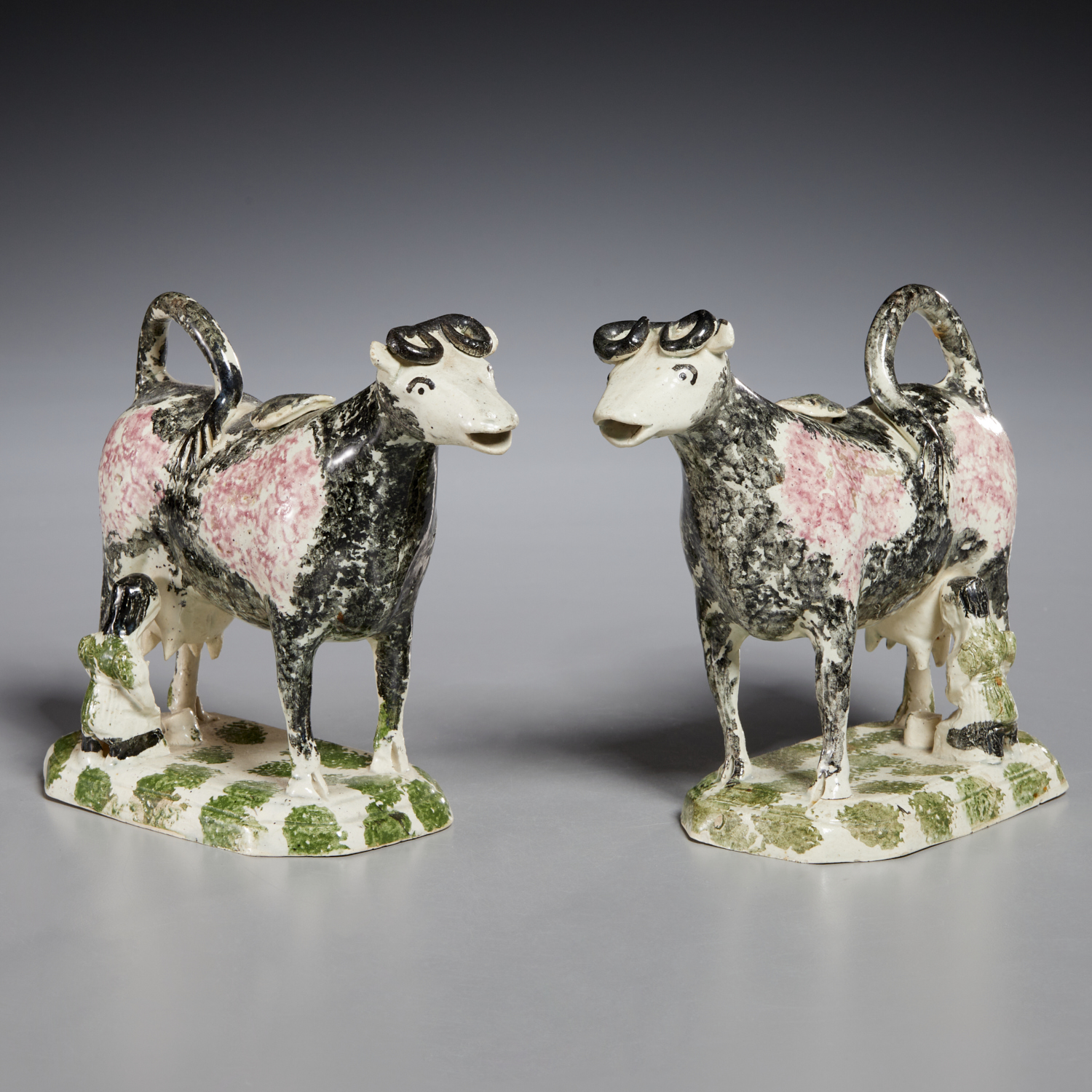 PAIR STAFFORDSHIRE SPONGEWARE COW 2fab60