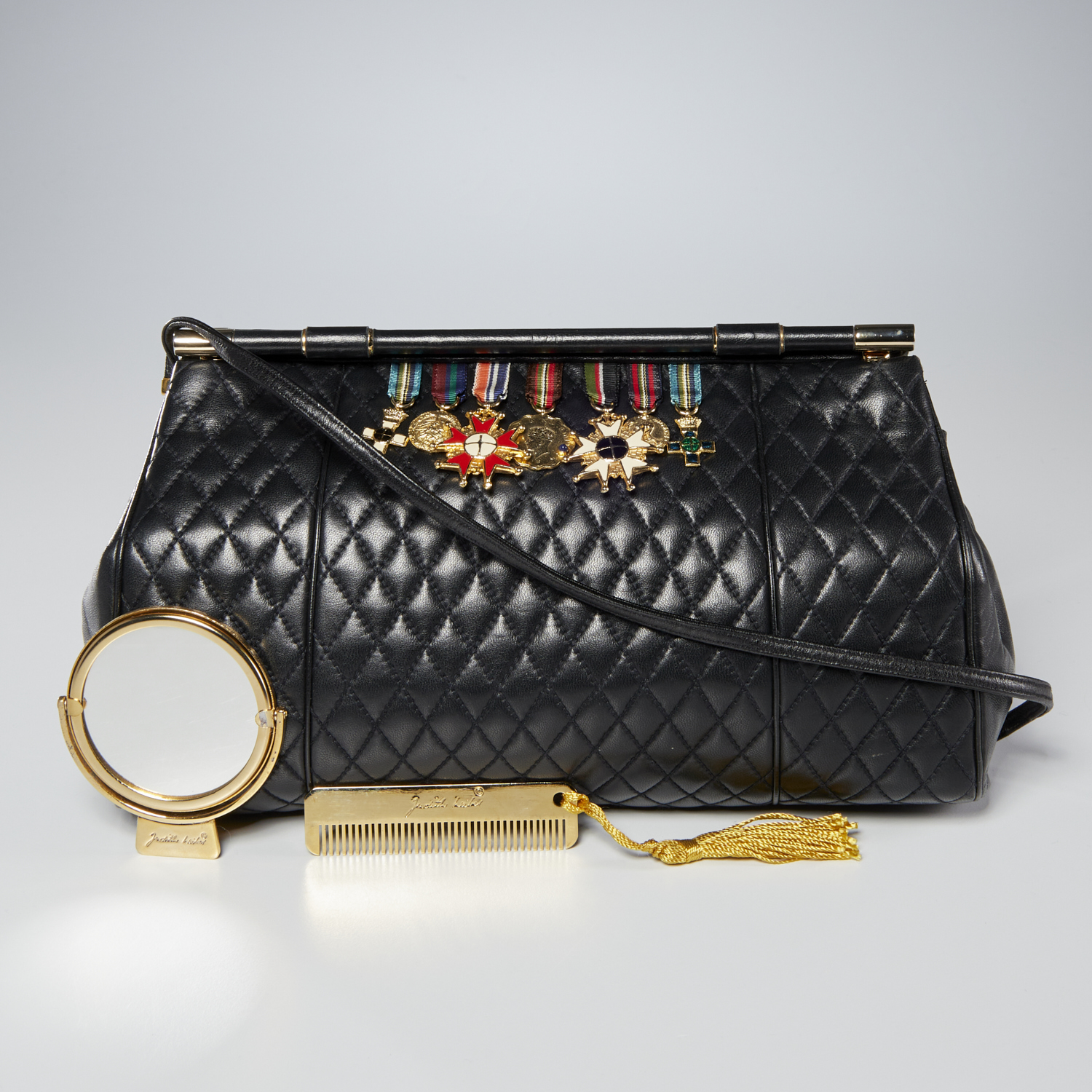 JUDITH LEIBER QUILTED BLACK LEATHER