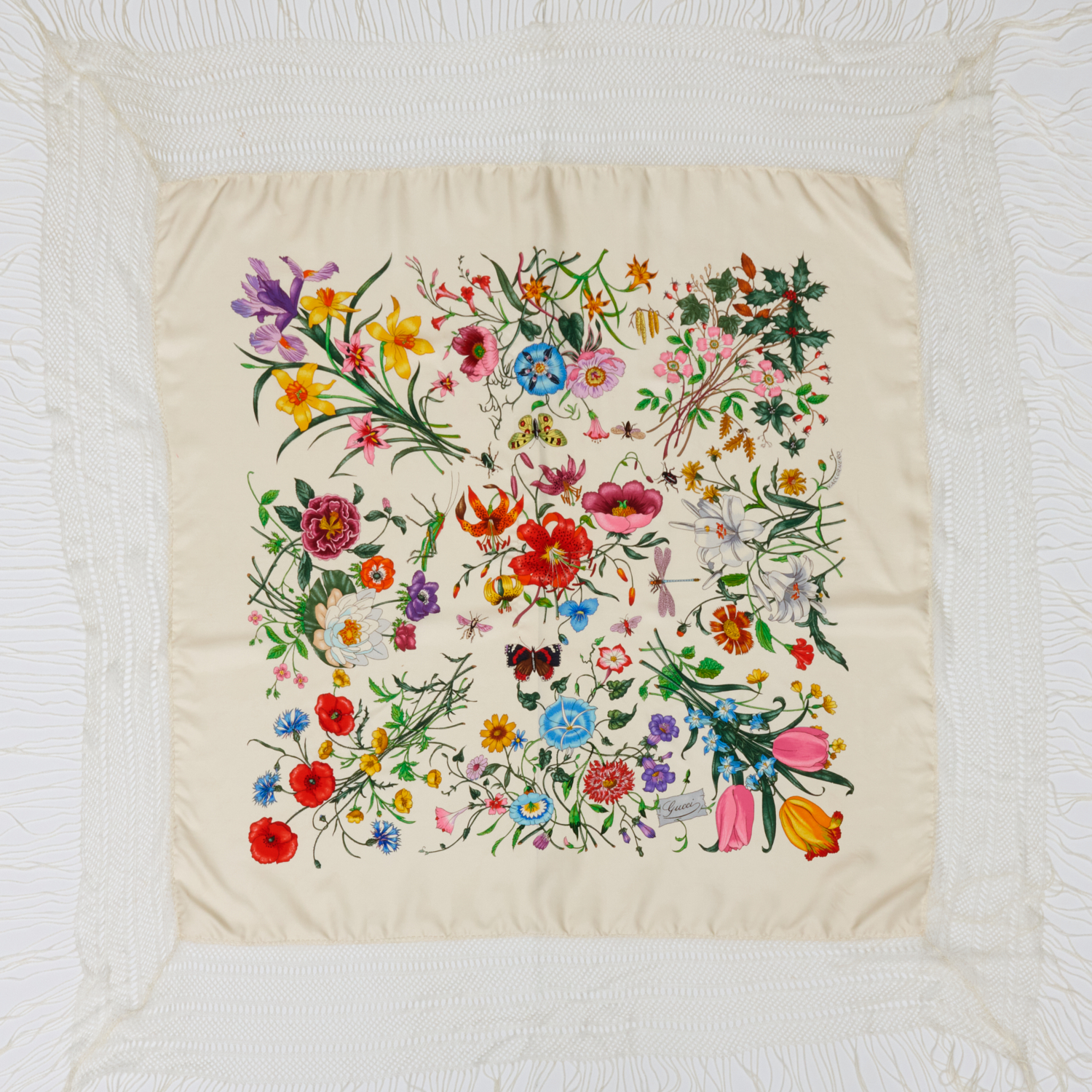 GUCCI WHITE FLORAL FRINGED SCARF 2faedb