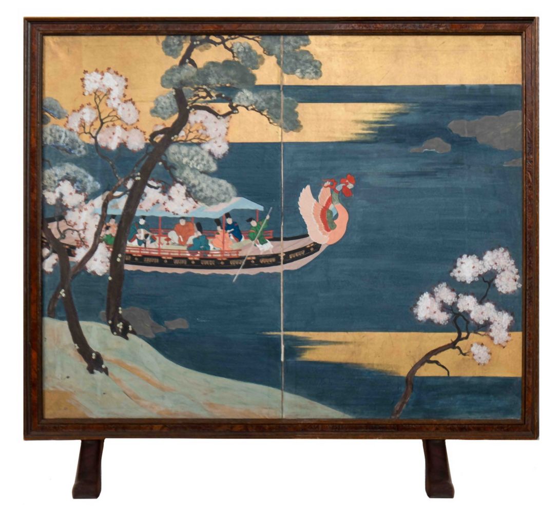 JAPANESE BOAT SCENE PAINTING WOODEN