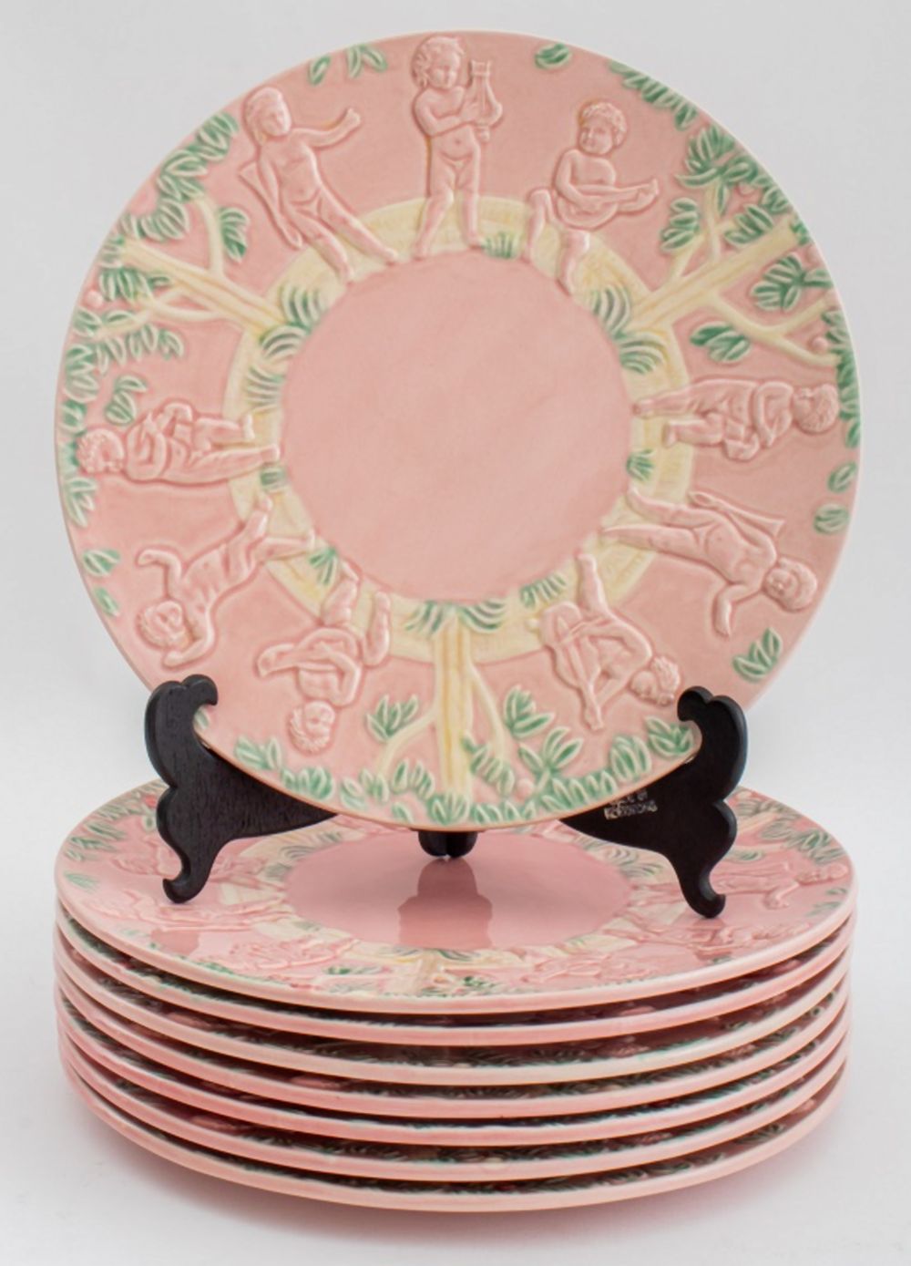 FRENCH MAJOLICA PINK CHERUBS CHARGERS 2fb226