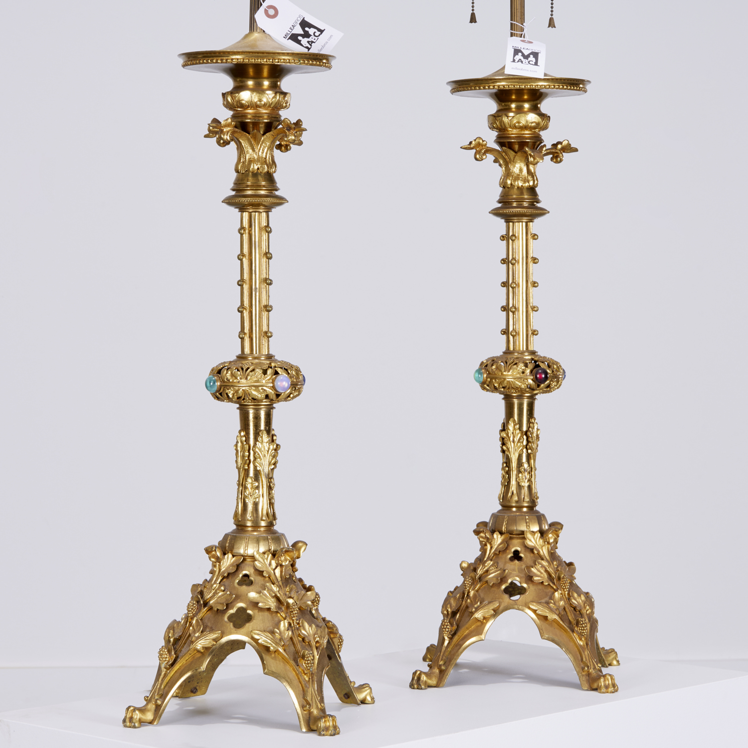 PAIR GOTHIC REVIVAL JEWELED BRONZE LAMPS