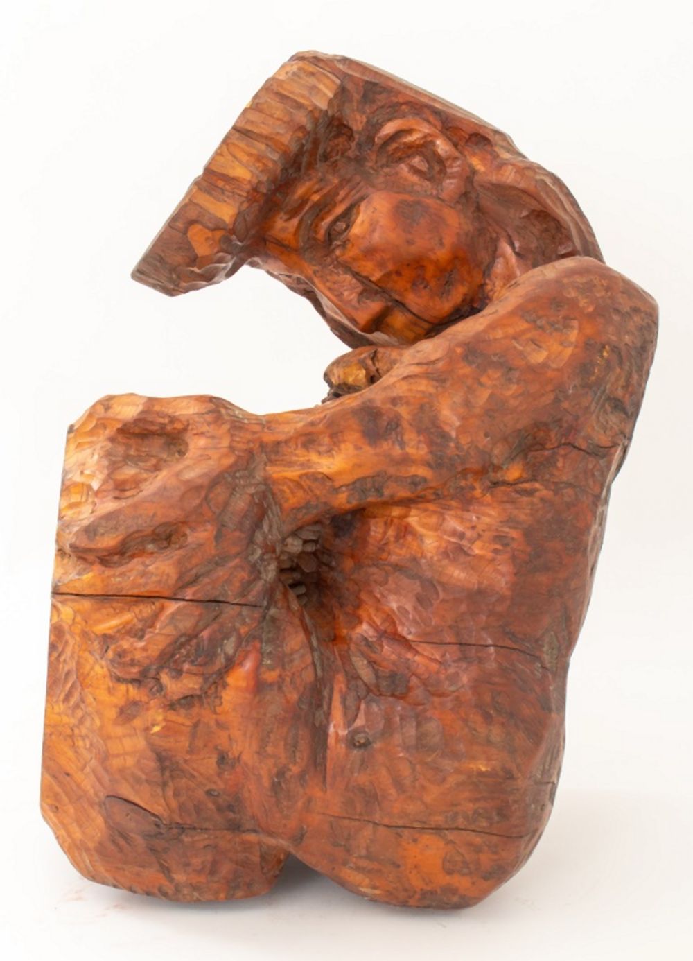 KNEELING NUDE WOMAN CARVED WOOD SCULPTURE