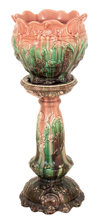 WELLER MAJOLICA JARDINIERE AND STAND,