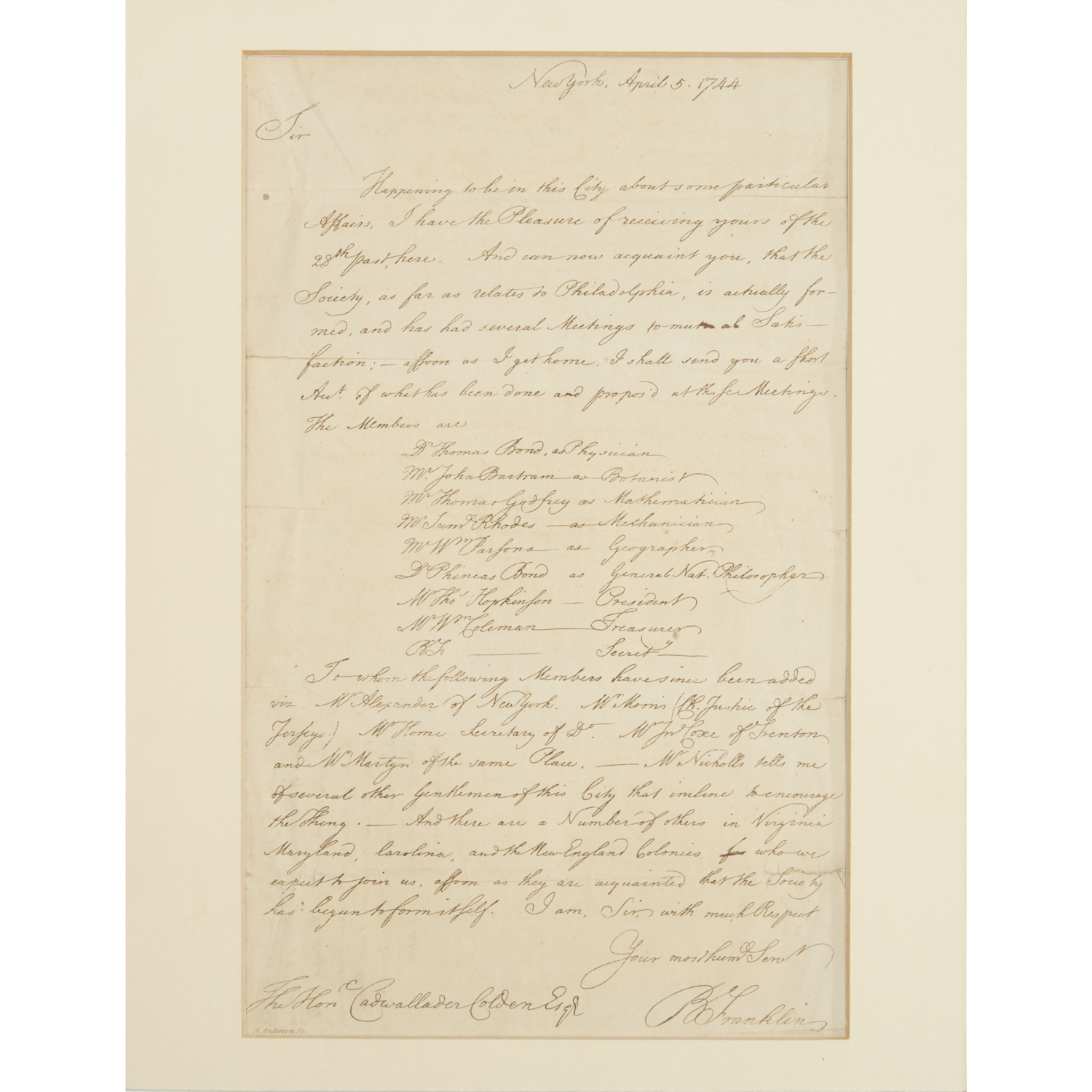 BENJAMIN FRANKLIN, RARE FACSIMILE LETTER,