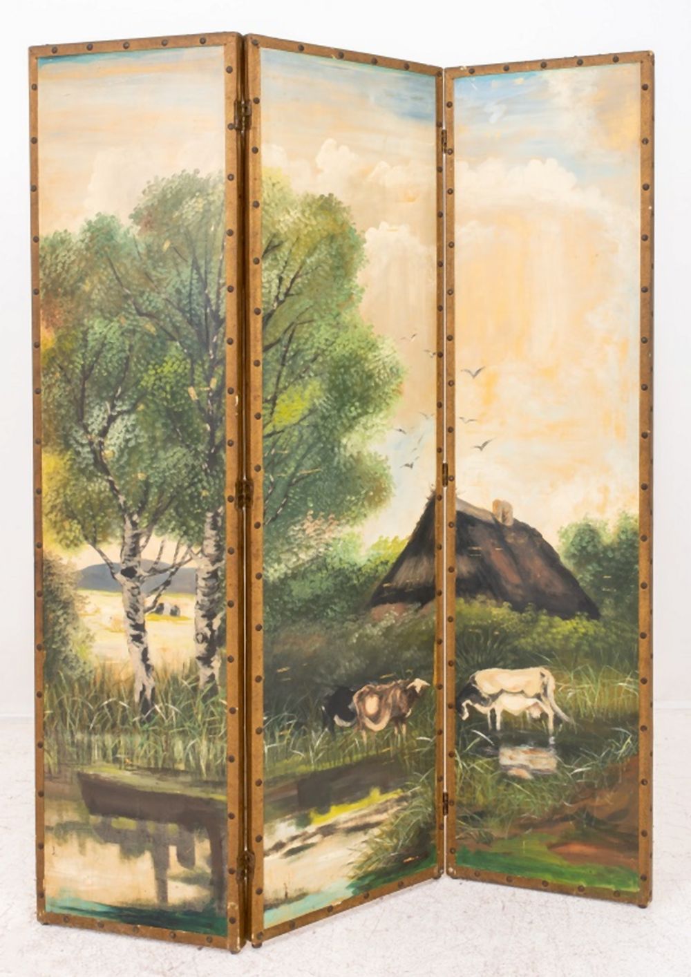 LANDSCAPE PAINTED THREE PANEL SCREEN