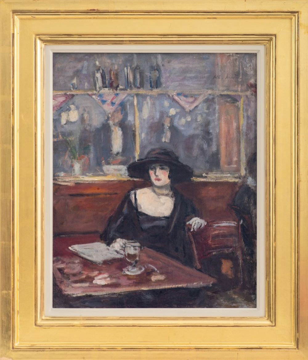 ALBERT ANDRE "WOMAN IN CAFE" OIL