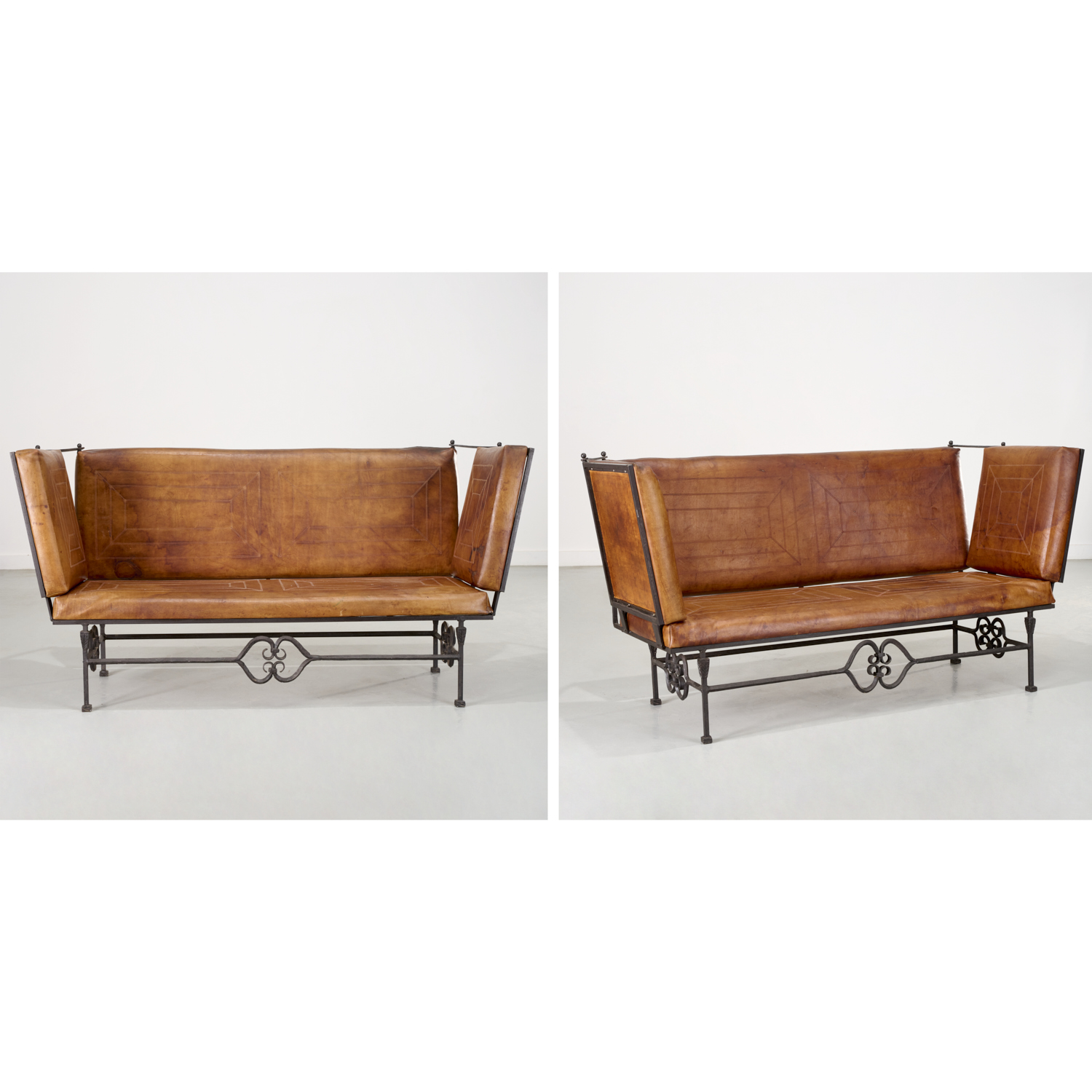 PAIR ART DECO LEATHER & WROUGHT