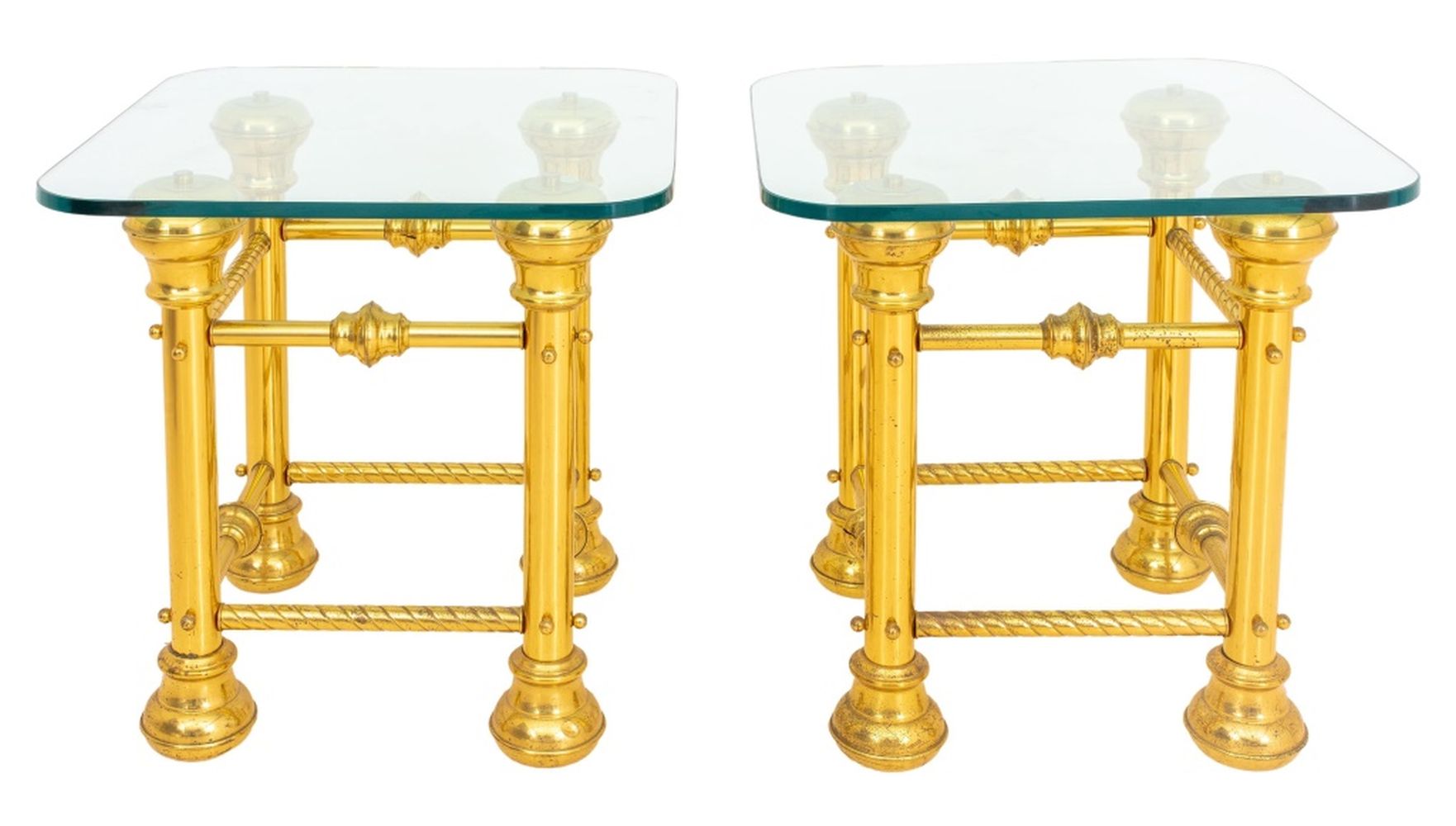 GLASS TOPPED 19TH C BRASS END TABLES  2fc01c