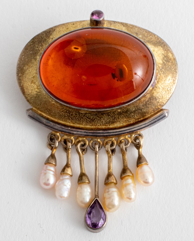 SILVER AMBER, AMETHYST & PEARL BROOCH