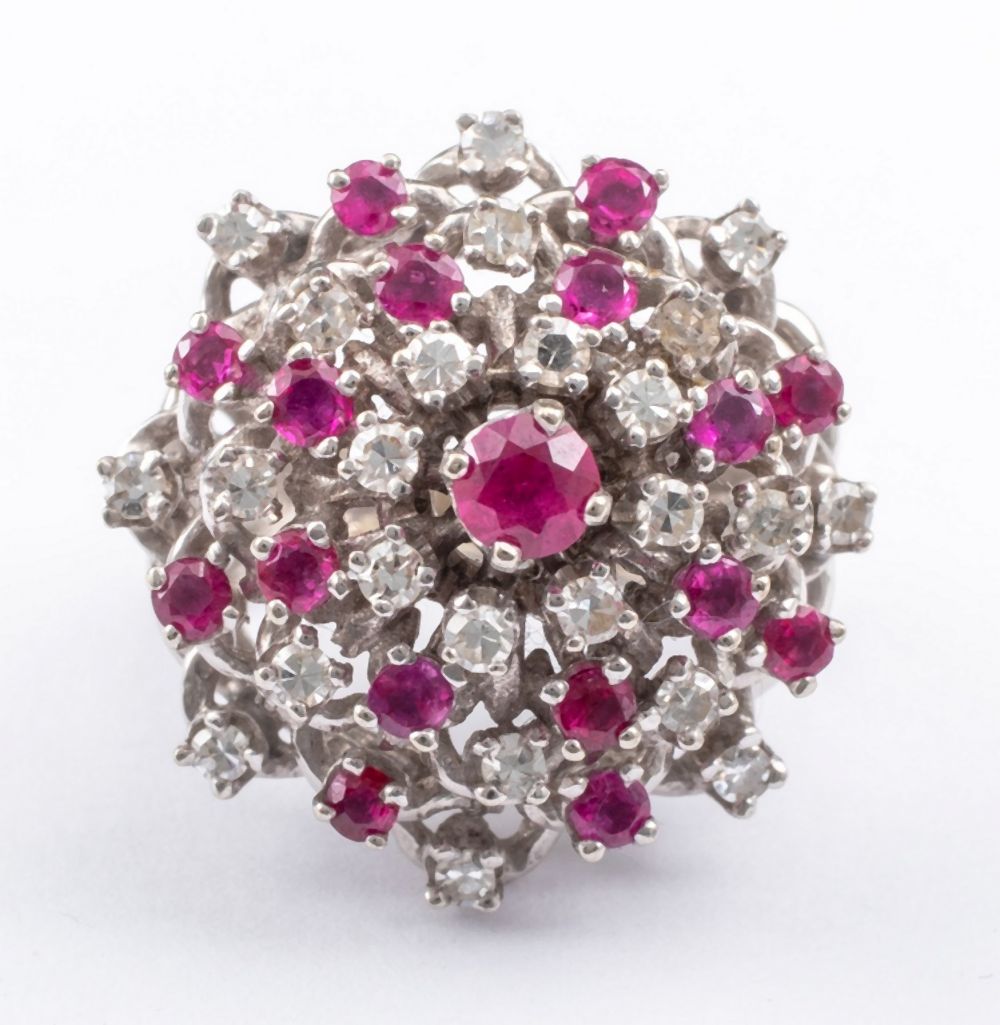 VINTAGE 14K WHITE GOLD DIAMOND & RUBY