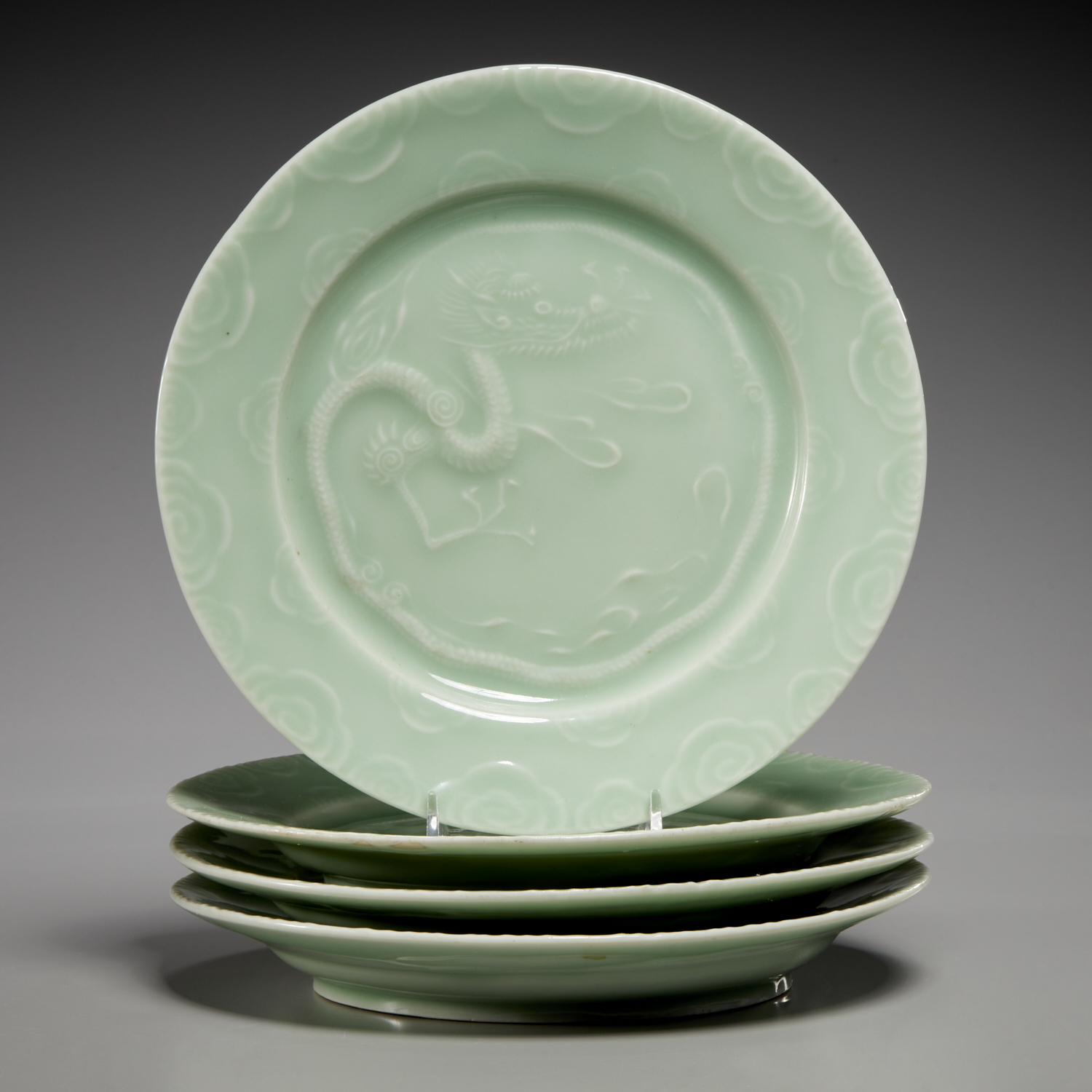 (4) CHINESE CELADON DRAGON DISHES Qing