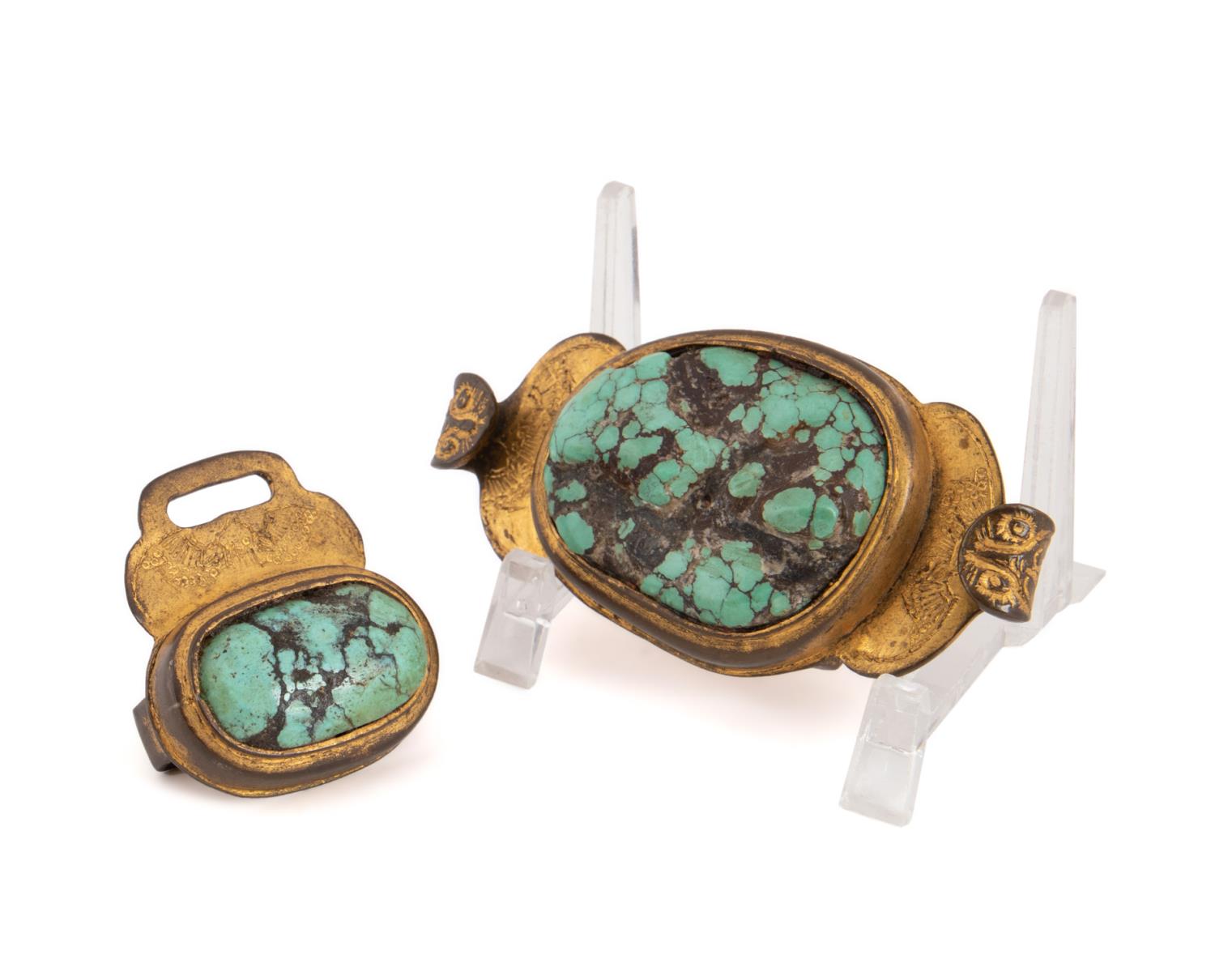 2PC CHINESE BRASS & TURQUOISE BELT