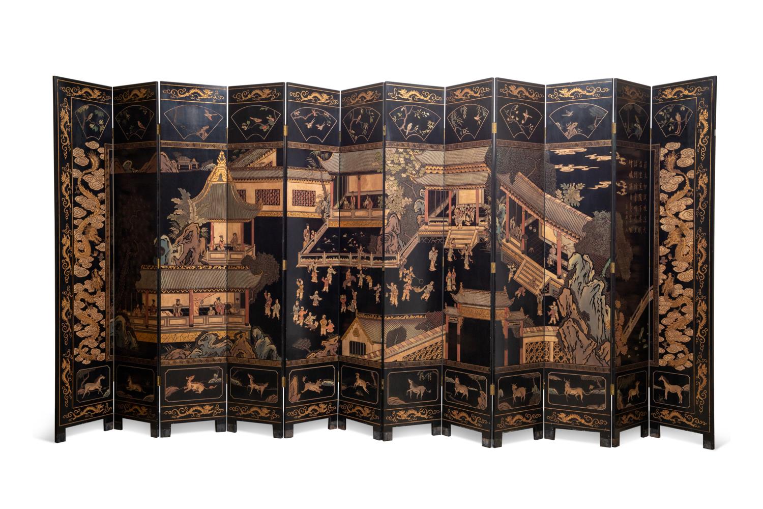 CHINESE TWELVE PANEL LACQUER FLOOR SCREEN