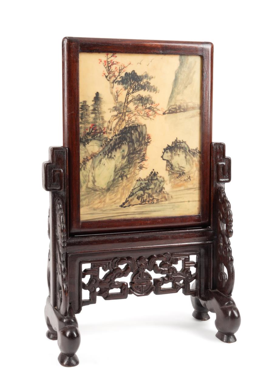 CHINESE ENAMELED STONE TABLE TOP SCREEN