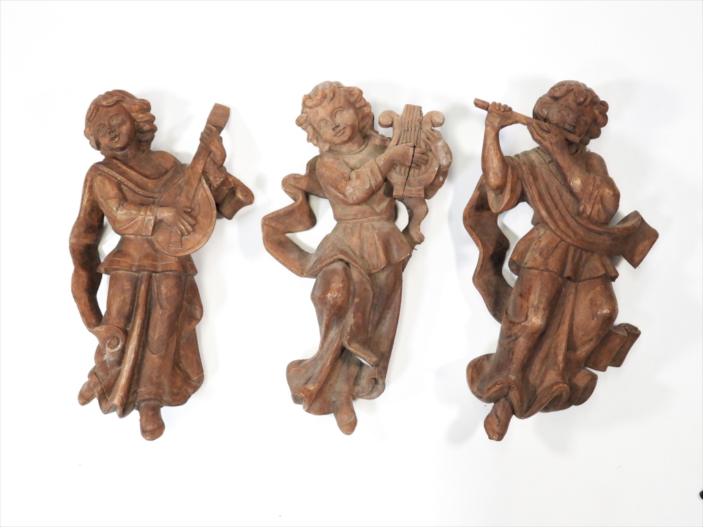 3PC CARVED WOOD PUTTI MUSICIANS SCULPTURES