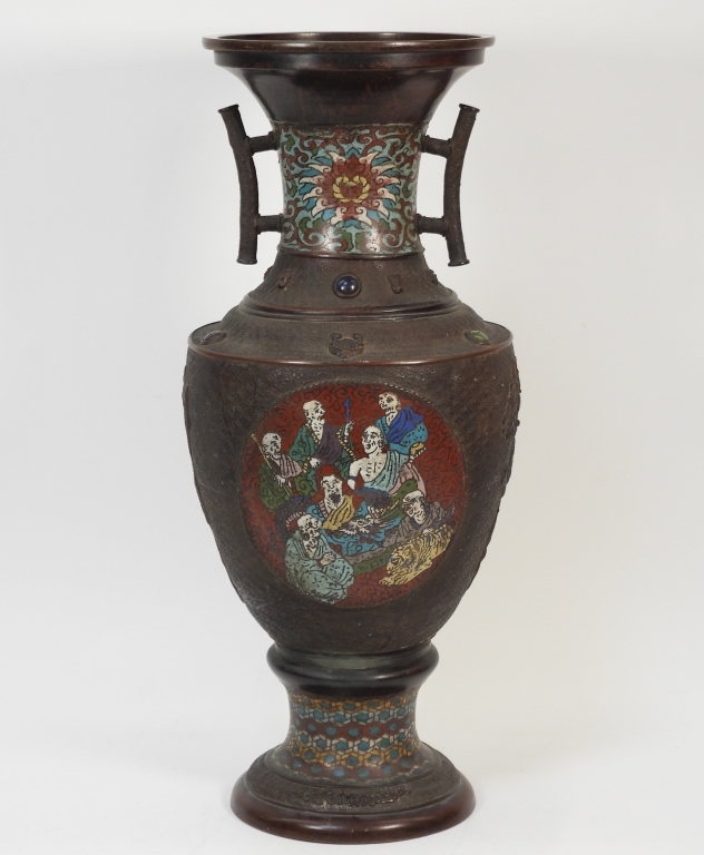 LG CHINESE CLOISONNE HANDLED VASE