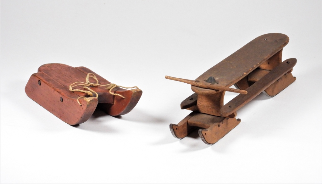 2 EARLY WOOD TOY SLED GROUP RISD 2fa16f