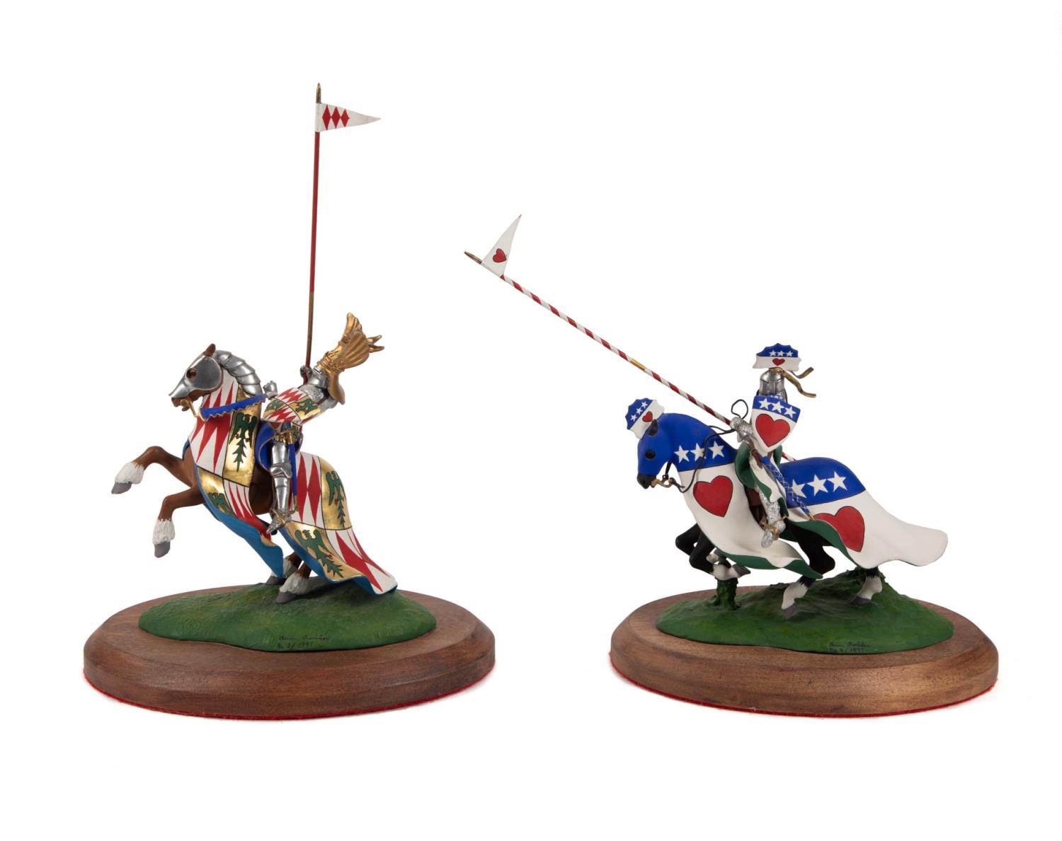 TWO BRIAN RODDEN PAINTED PEWTER KNIGHTS,