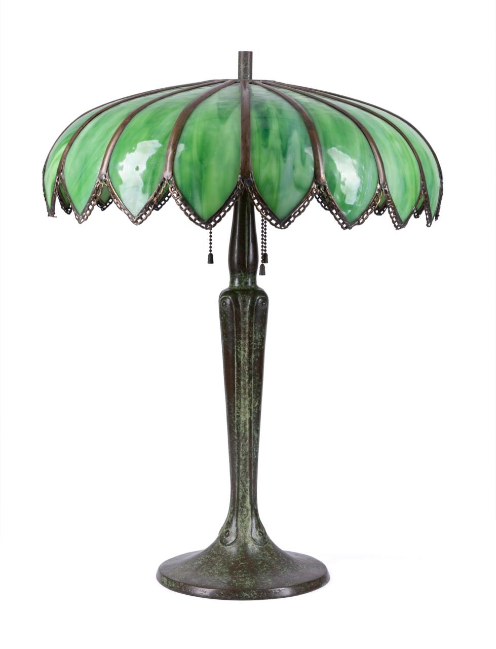 HANDEL LAMP W/ GREEN SLAG GLASS SHADE,