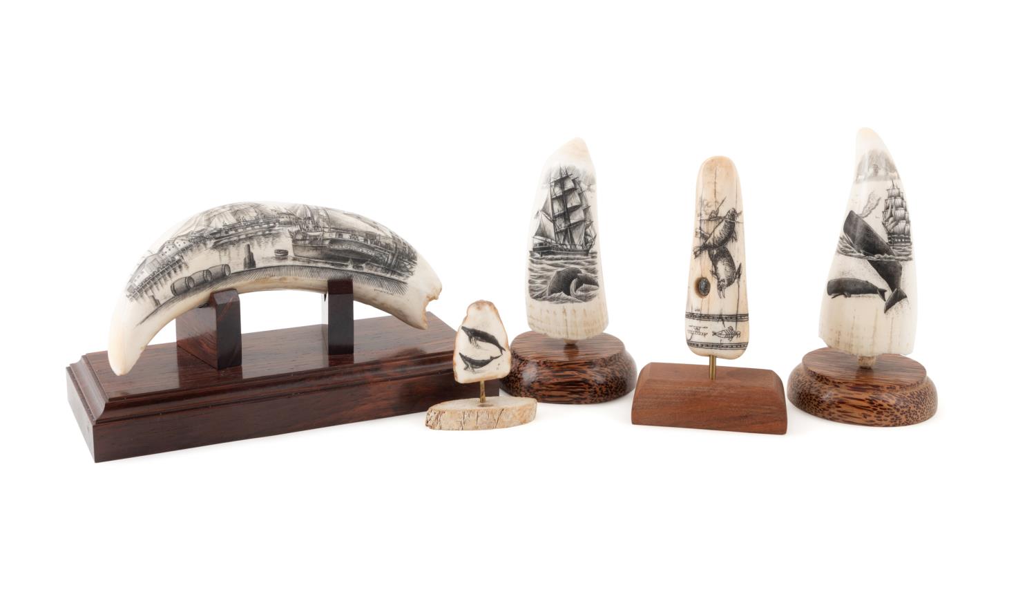 FIVE SIGNED SCRIMSHAW TEETH INCLD. RASHIDI