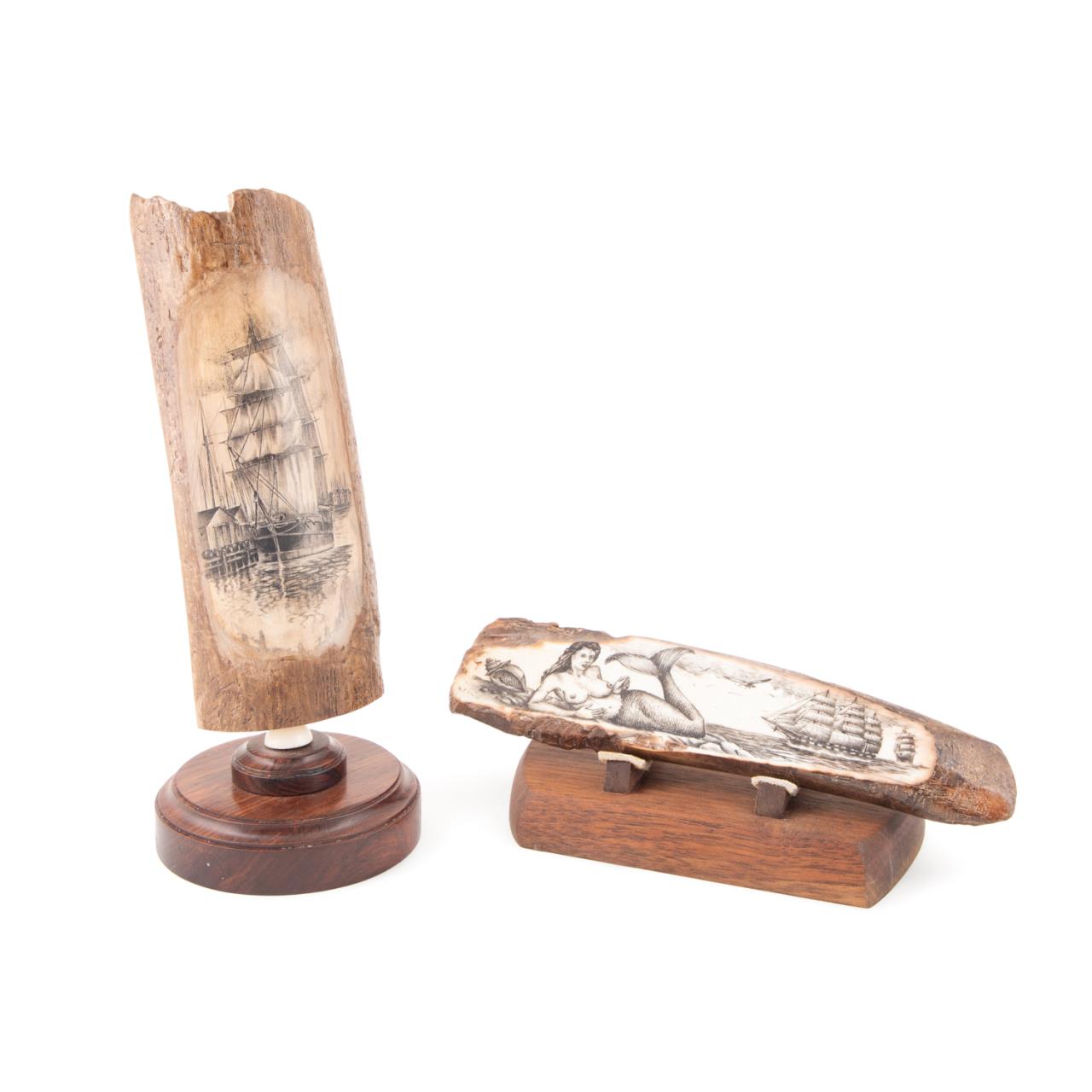 2PCS SIGNED JAMES W. LEE FOSSIL SCRIMSHAW