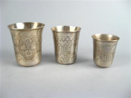 Three Russian silver vodka cups