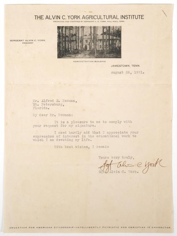 ALVIN YORK SIGNED LETTERA letter 2fd990