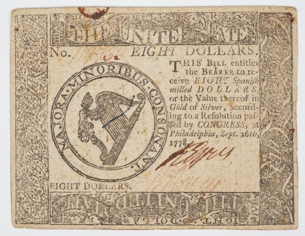 1778 COLONIAL CURRENCY, EIGHT DOLLAR