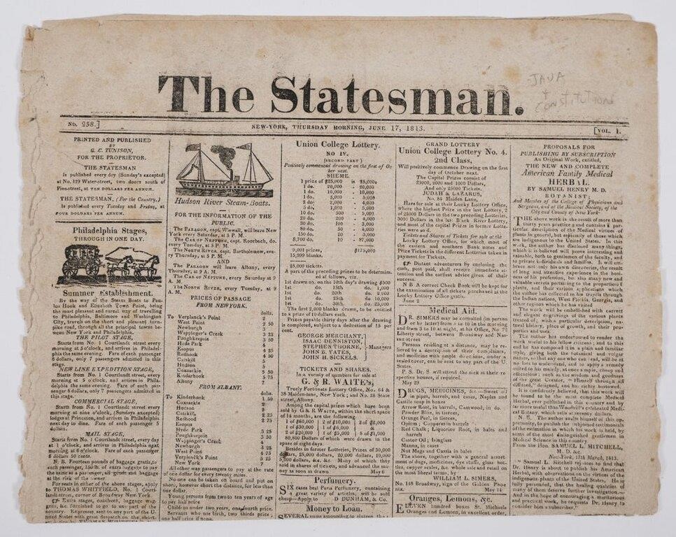 WAR OF 1812 NY STATESMAN NEWSPAPERThursday 2fda99