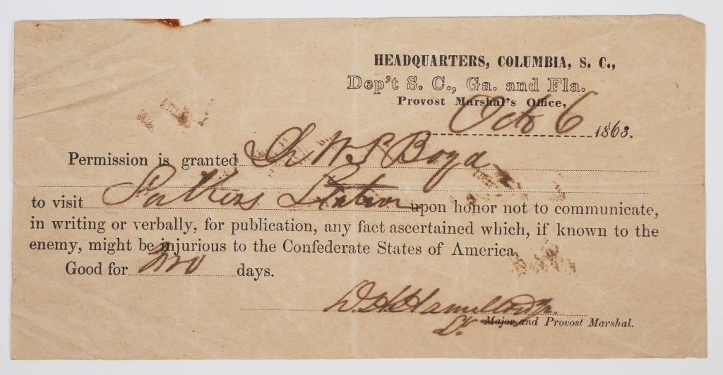 1863 CONFEDERATE TRAVEL PASS [HOOD'S