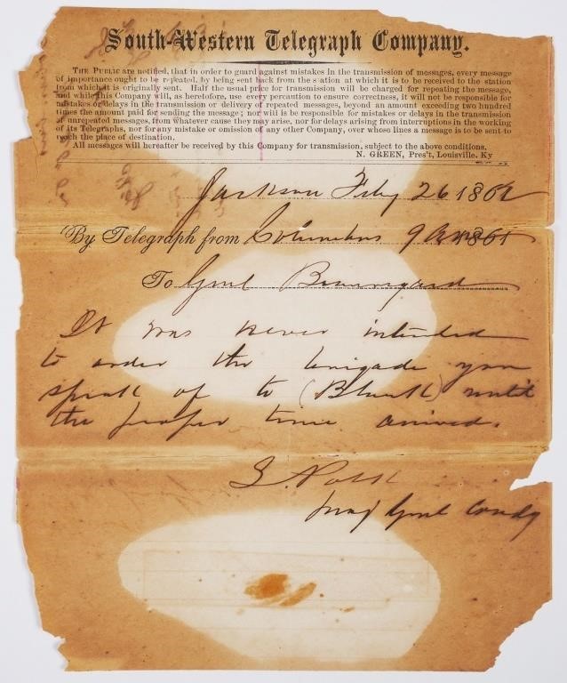 1862 TELEGRAM TO GENERAL PGT BEAUREGARDTelegraph