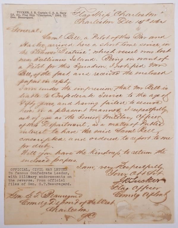 CONFEDERATE NAVY LETTER TO GEN.