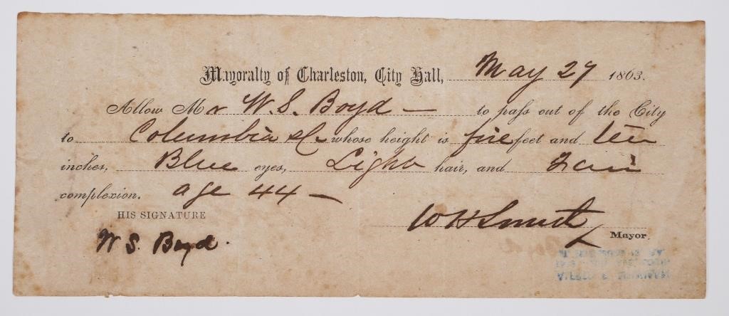 CHARLESTON SC MAYOR 1863 SIGNED